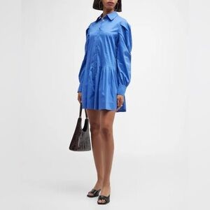 Harshman Esme Pleated‎ Puff-Sleeve Mini Shirtdress - Size M - Indigo Blue - NWT